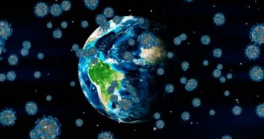 3 boyutlu canlandırma, koronavirüs hücreleri covid-19 grip salgını Dünya 'nın arka planında tehlikeli grip salgını vakaları olarak dolaşıyor.