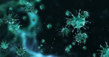 3D canlandırma, yeşil koronavirüs hücreleri covid-19 influenza renkli pleksus gradyan arka planı tehlikeli grip olarak algılanıyor.