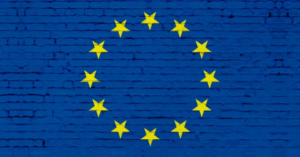 Coronavirus, blå Europeiska unionen EU-flagga på bruten vägg, viruskris europe euro av coronavirus covid-19 beslutslån koncept, — Stockvideo
