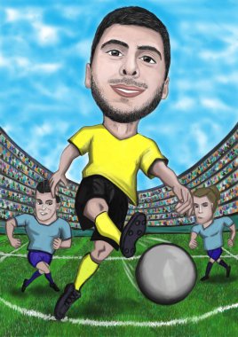 Parlak sarı tişörtlü, sakallı genç bir futbolcu ve golf topu ile defans oyuncularının saldırısından kaçıyor. Stadyumda bir futbolcuyla resim, spor müsabakası.