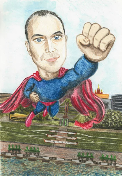 Illustration with a flying man in superhero clothes. Funny cartoon bold man in flight over the city of Izhevsk, Udmurt Republic, Russia.