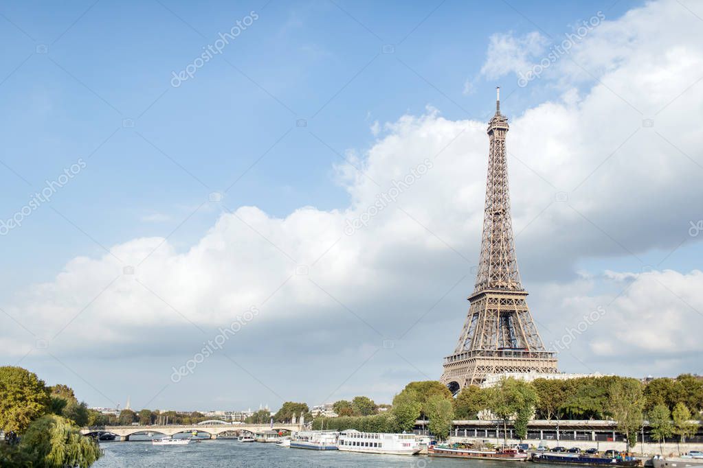view of Eiffel Tower and River Seine, Paris, France