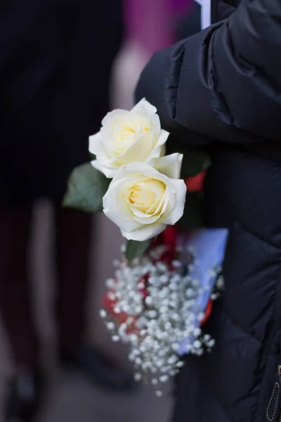 close-up of person in puffer jacket holding white roses