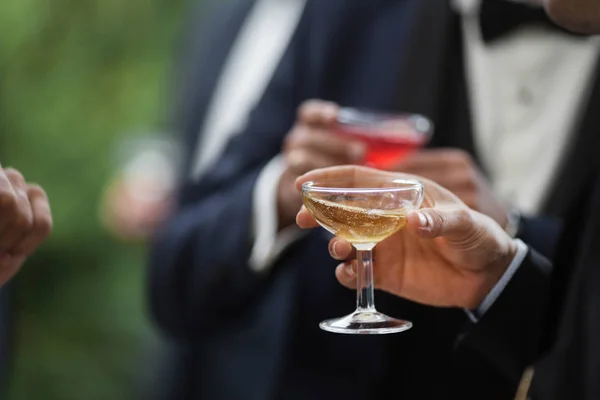 Close Men Holding Glasses Alcohol Drink Wedding Party — Stock Photo, Image