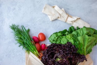 Gri arka planda izole edilmiş bakkaliye dolu yeniden kullanılabilir alışveriş çantası