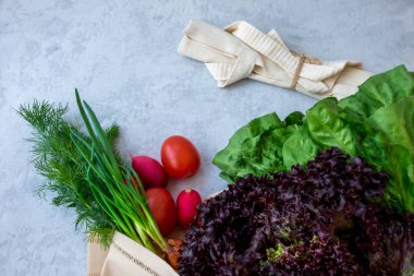 Gri arka planda izole edilmiş bakkaliye dolu yeniden kullanılabilir alışveriş çantası