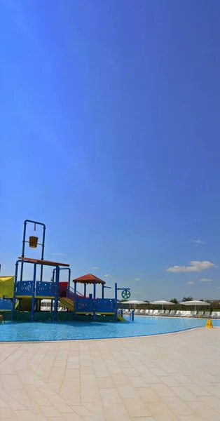 Burgas Aqua Park Bulgária 2019 Kép Egy Színes Játszótér Csúszdák — Stock Fotó
