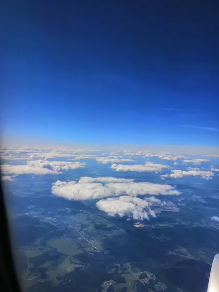 View Plane Window Turquoise Blue Clouds Sky Morning Flight Travel — Stock Photo, Image