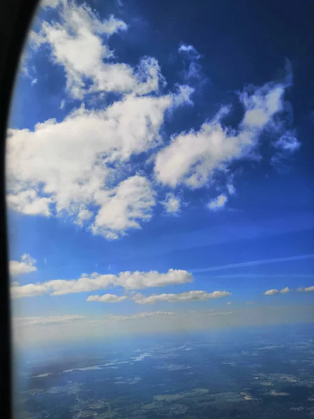 View Plane Window Turquoise Blue Clouds Sky Morning Flight Travel — Stock Photo, Image