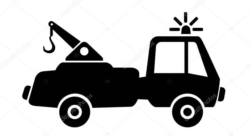 Vector illustration of a towing service, tow truck icon. Towing service outline as vector graphic. Truck used to tow or pick up damaged or disabled vehicles. 