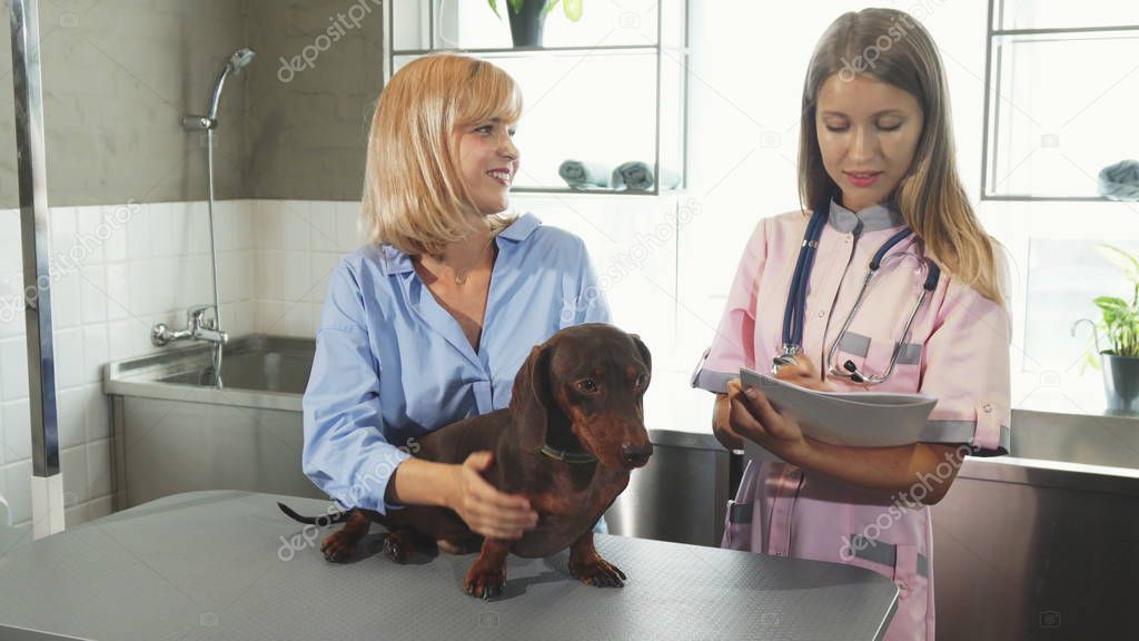 The nurse is taking notes and talking to the owner of the dog