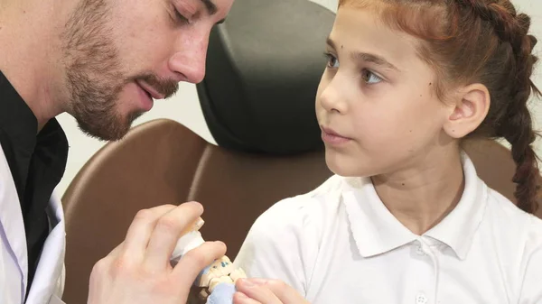 Um médico interessante diz a uma garota curiosa sobre a estrutura da mandíbula — Fotografia de Stock
