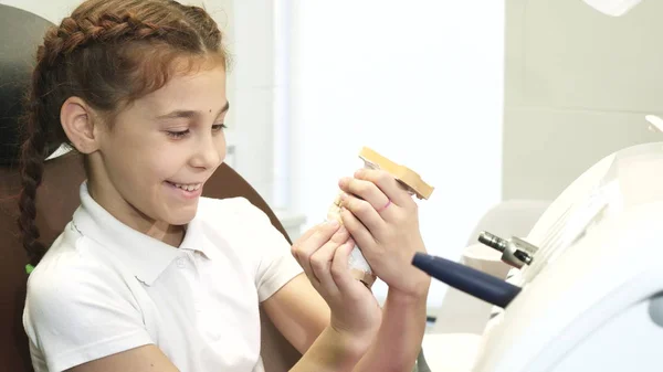Uma garota curiosa é jogada com uma mandíbula artificial no escritório de dentistas — Fotografia de Stock
