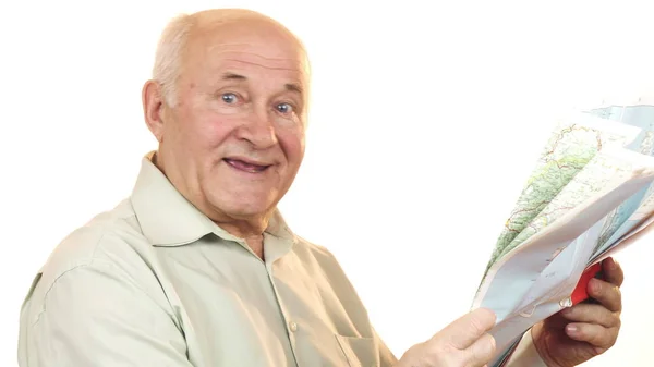 Cheerful Old Man Smiling Excitedly Searching Location Map Isolated Tourism — Stock Photo, Image