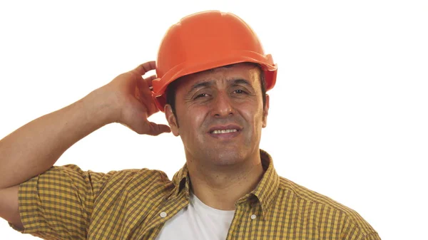 Olgun erkek constructionist üzgün ve hayal kırıklığına görünümlü kask içinde — Stok fotoğraf