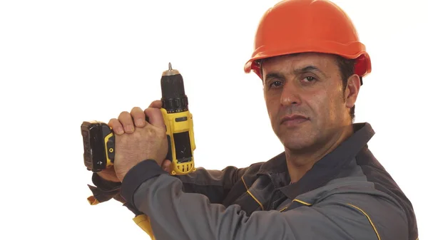 Maduro masculino construção trabalhador posando com um broca máquina — Fotografia de Stock