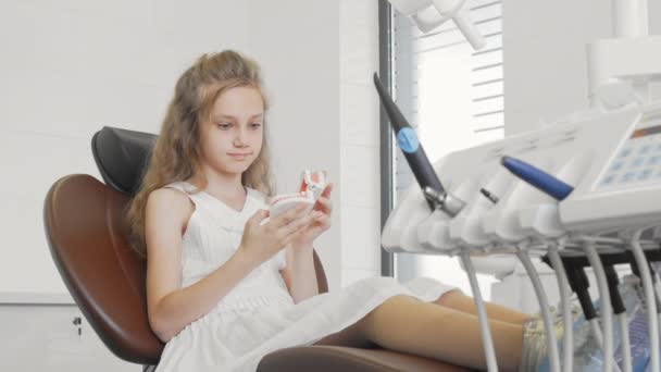 Schöne kleine Mädchen lächelnd hält Kiefer Modell sitzt im Zahnarztstuhl in der Klinik — Stockvideo