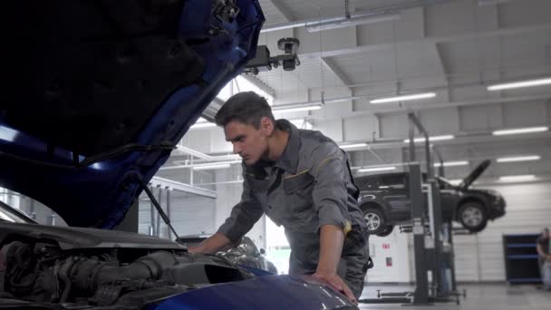 Технік автосервісу перевіряє масло в автомобілі з відкритим капюшоном — стокове відео