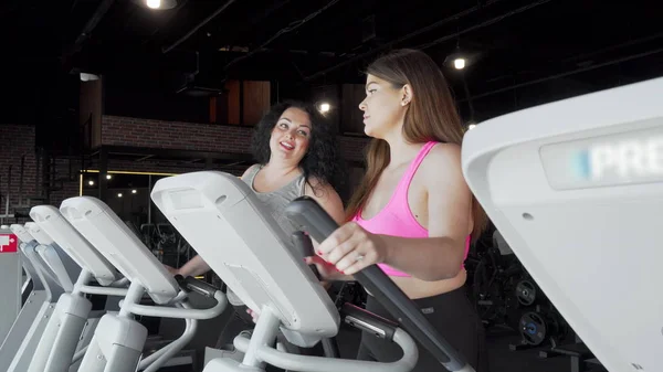 Two plus size women talking while working out at the gym on elliptical trainer