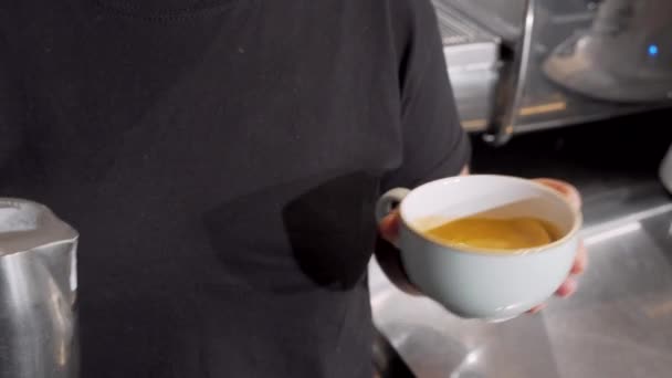 Schnappschuss eines Barista, der in einer Tasse heiße Milch in den Kaffee gibt — Stockvideo