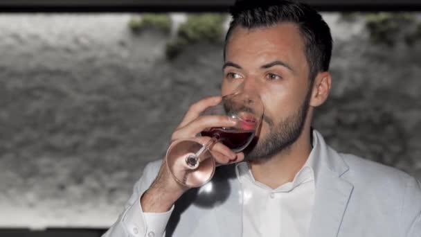 Homem barbudo atraente desfrutando de um copo de vinho tinto no bar — Vídeo de Stock