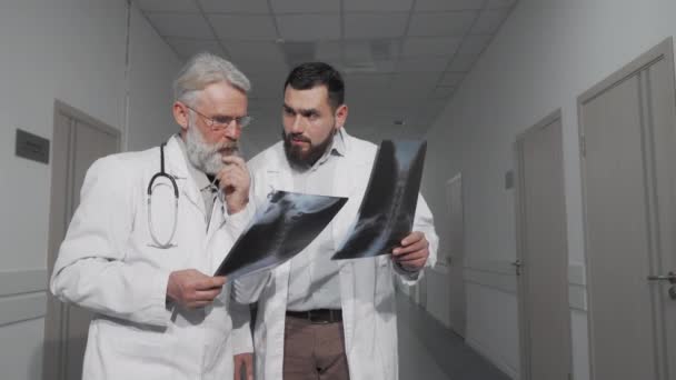 Dos doctores hablando en el pasillo del hospital examinando escáneres de rayos X juntos — Vídeo de stock