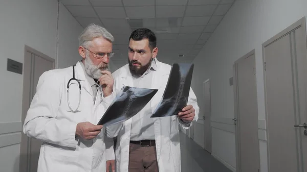 Два врача разговаривают в больничном коридоре, изучают рентгеновские снимки вместе — стоковое фото