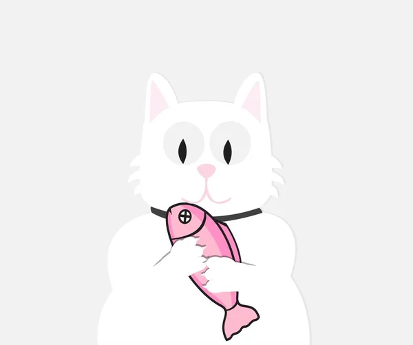 Gato Blanco Con Pescado — Vector de stock