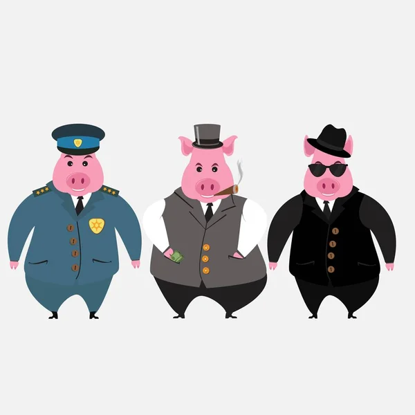 Three Adult Pigs Policeman Businessman Detective Funny Vector Illustration Isolated — Stock Vector