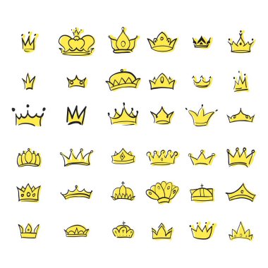Elle çizilmiş bir grafik modernist elemanı. Royal crown altın. Beyaz arka plan üzerinde izole.
