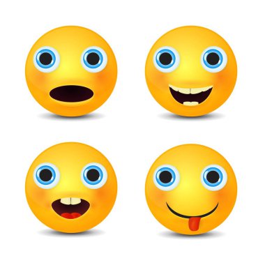 Gülen seti, ifade gülümseyen. Sarı yüz duygularla. Yüz ifadesi.