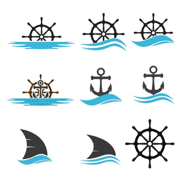 Jeu d'icônes de roue de navire et bordure de corde nautique — Image vectorielle