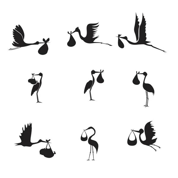 Stork and baby set black on white background — Stock Vector