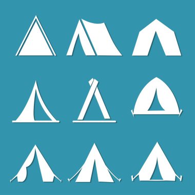 Kamp kubbesi veya çadır simgesi seti. Kamp kubbesi veya çadır simgeleri basit seti