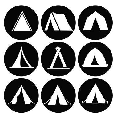 Kamp kubbesi veya çadır simgesi seti. Kamp kubbesi veya çadır simgeleri basit seti