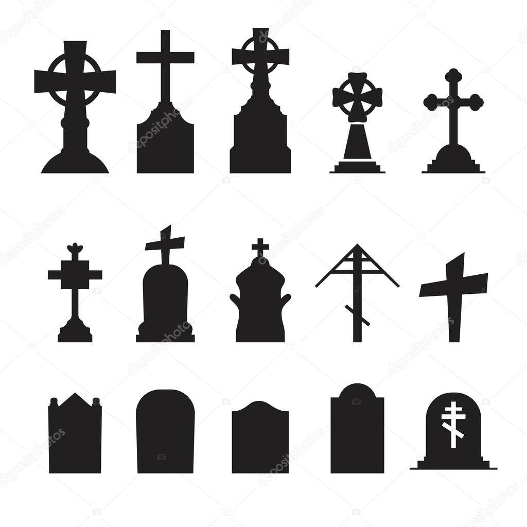 Gravestones and tombstones icons set isolated on white background