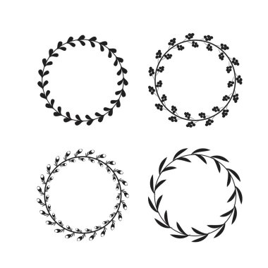 Tasarım elemanları olarak kullanılmak üzere siyah ve beyaz dairesel defne çelenkleri koleksiyonu