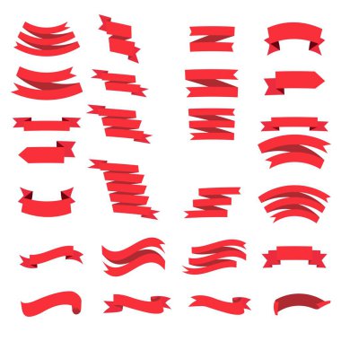 Kırmızı kurdeleler ayarlandı. Beyaz arka planda yalıtılmış tasarım öğeleri. -Vektör