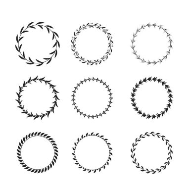 Tasarım elemanları olarak kullanılmak üzere siyah ve beyaz dairesel defne çelenkleri koleksiyonu