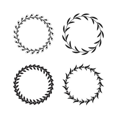 Tasarım elemanları olarak kullanılmak üzere siyah ve beyaz dairesel defne çelenkleri koleksiyonu