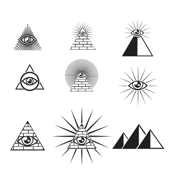 埃及金字塔图标设置在平面和线条样式 免版税图库插图