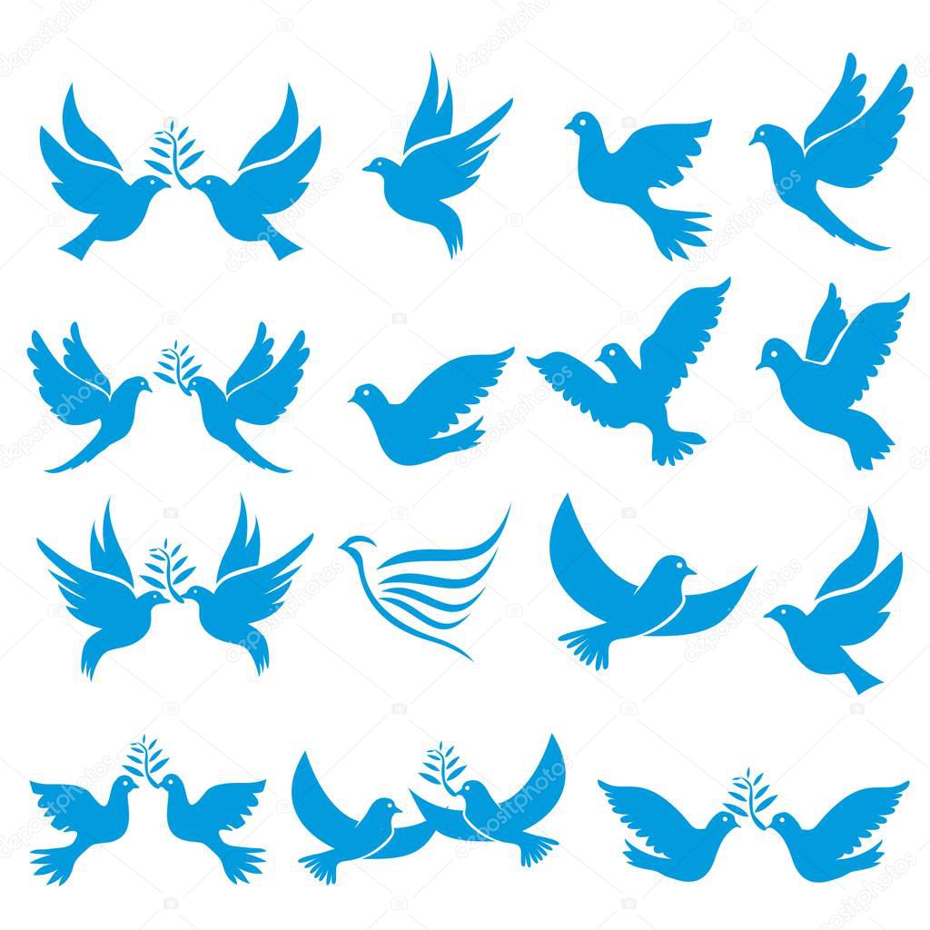 Set of flying birds sign isolated on white.