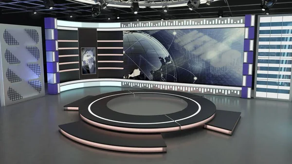 Virtual TV Studio News Set 7-3. 3d Rendering.Virtual set studio for chroma footage. wherever you want it, With a simple setup, a few square feet of space, and Virtual Set, you can transform any location into a spectacular virtual set
