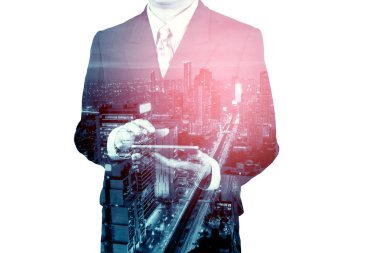 Çift Kişilik iş adamı pozlama iş teknoloji kavramı Modern iş Büyükşehir Belediye ile dijital aygıt Tablet kullanmak