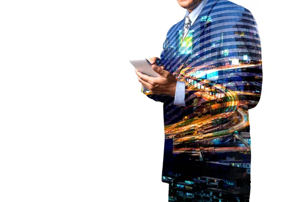 Double Exposure of Businessman hold Digital smart Tablet or Smar Stock Picture