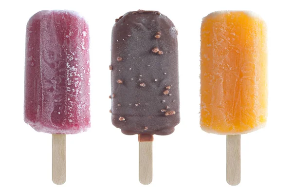 Set Ice Popsicles Including Orange Chocolate Raspberry Flavors — Stock Photo, Image