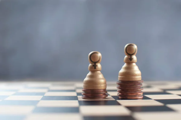 Two Chess Pawns Top Heap Coins Varying Heights — Stock Photo, Image
