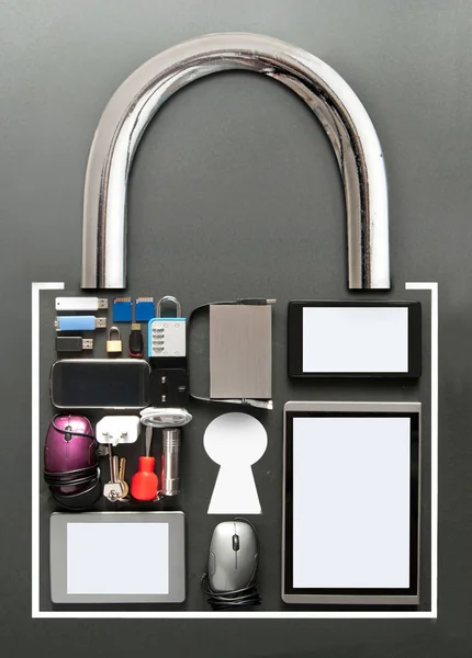 Vrious Devices Including Tablets Computer Mouse Usb Cards Shape Padlock — Stock Photo, Image