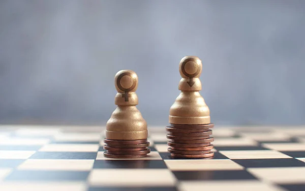 Two Chess Pawns Gender Symbols Top Heap Coins — Stock Photo, Image