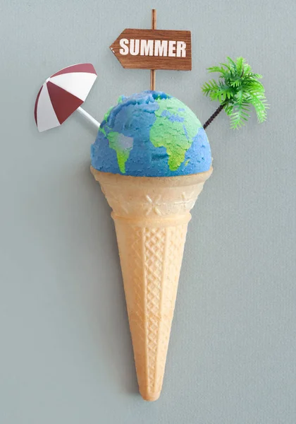 Ice Cream Cone Atlas Map Vacation Items Including Beach Post — Stock Photo, Image